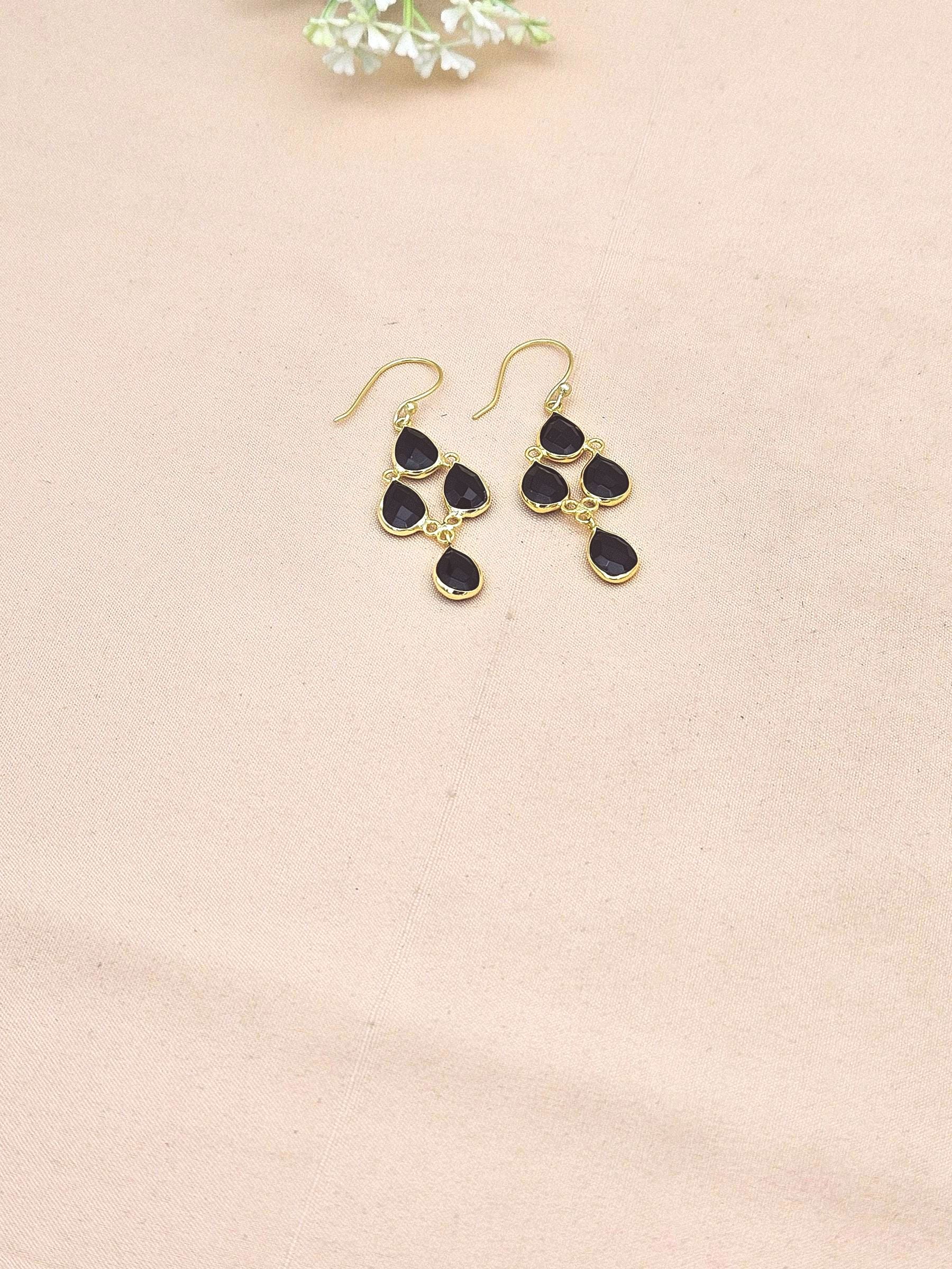 Fine Handcrafted Gold plated Black Onyx light weight Bezel Designer Dangle Drop Earrings
