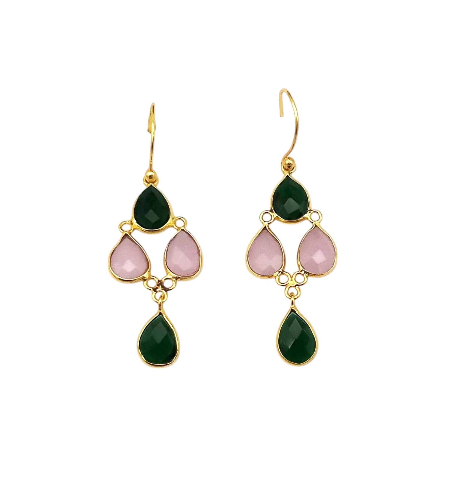 Fine Handcrafted Gold plated Green Onyx-Rose Quartz light weight Bezel Designer Dangle Drop Earrings
