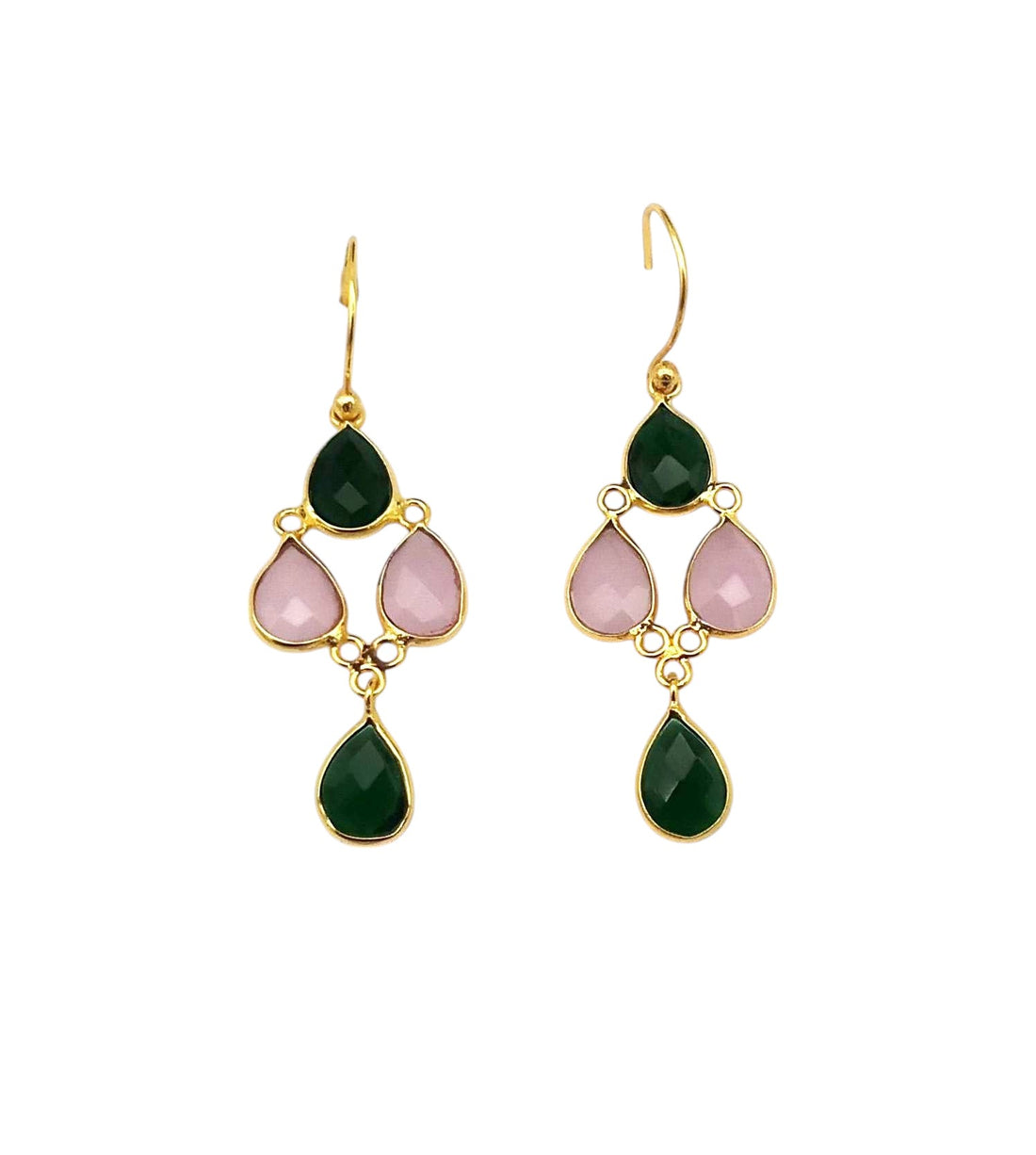 Fine Handcrafted Gold plated Green Onyx-Rose Quartz light weight Bezel Designer Dangle Drop Earrings
