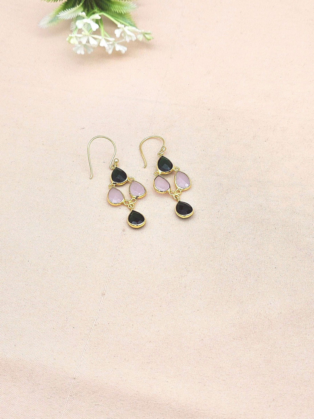 Fine Handcrafted Gold plated Green Onyx-Rose Quartz light weight Bezel Designer Dangle Drop Earrings