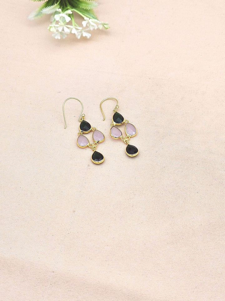 Fine Handcrafted Gold plated Green Onyx-Rose Quartz light weight Bezel Designer Dangle Drop Earrings