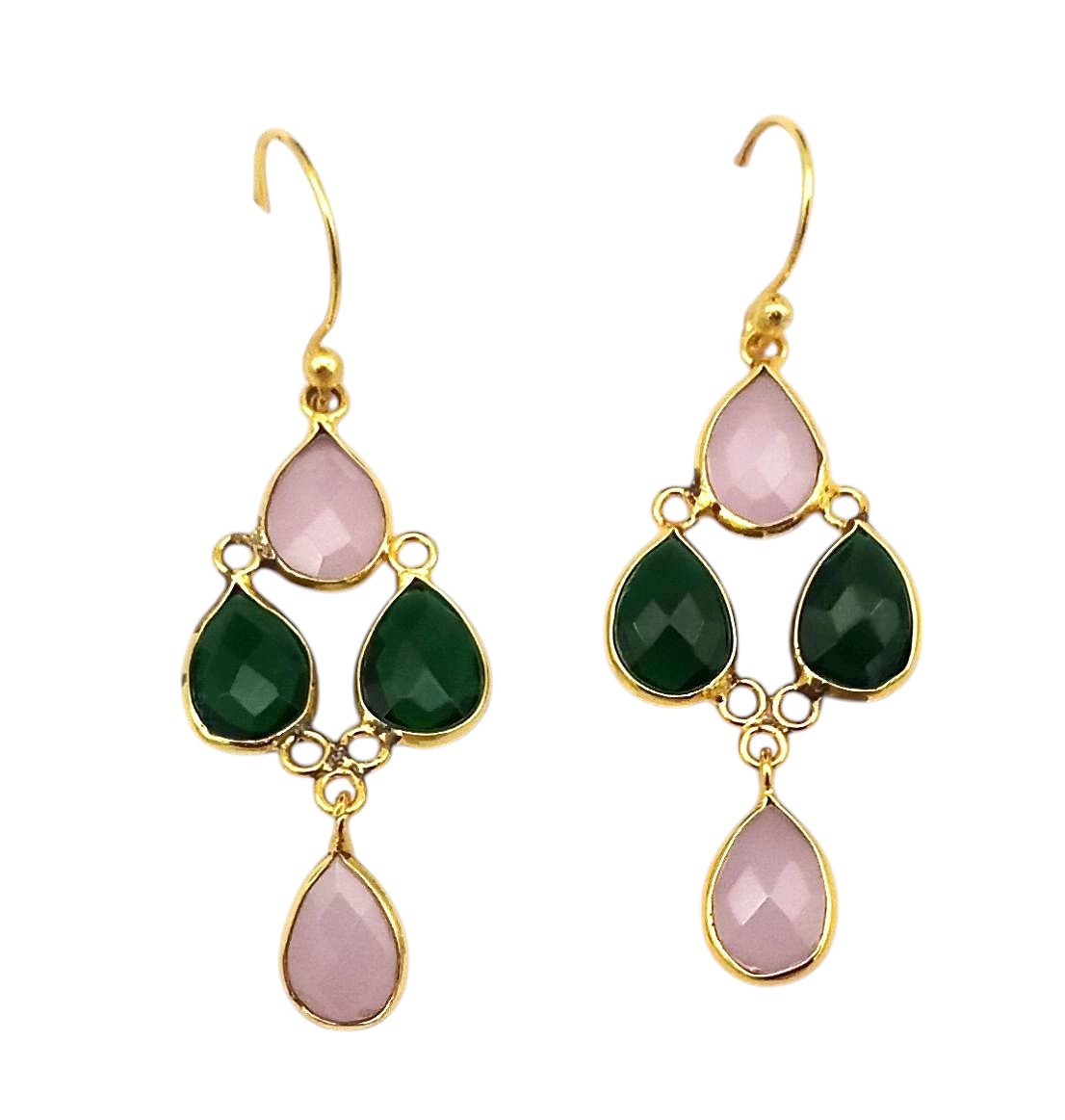 Fine Handcrafted Gold plated Rose Qtz-Green Onyx light weight Bezel Designer Dangle Drop Earrings