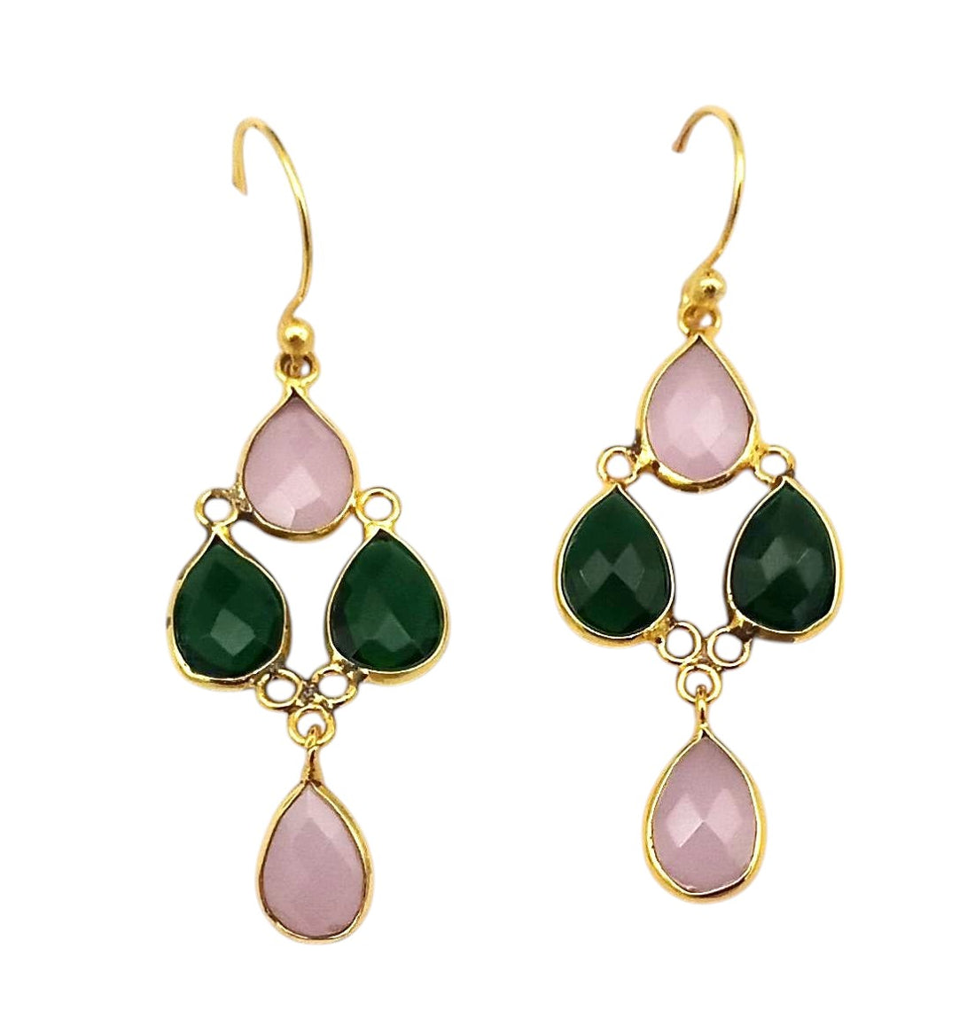Fine Handcrafted Gold plated Rose Qtz-Green Onyx light weight Bezel Designer Dangle Drop Earrings
