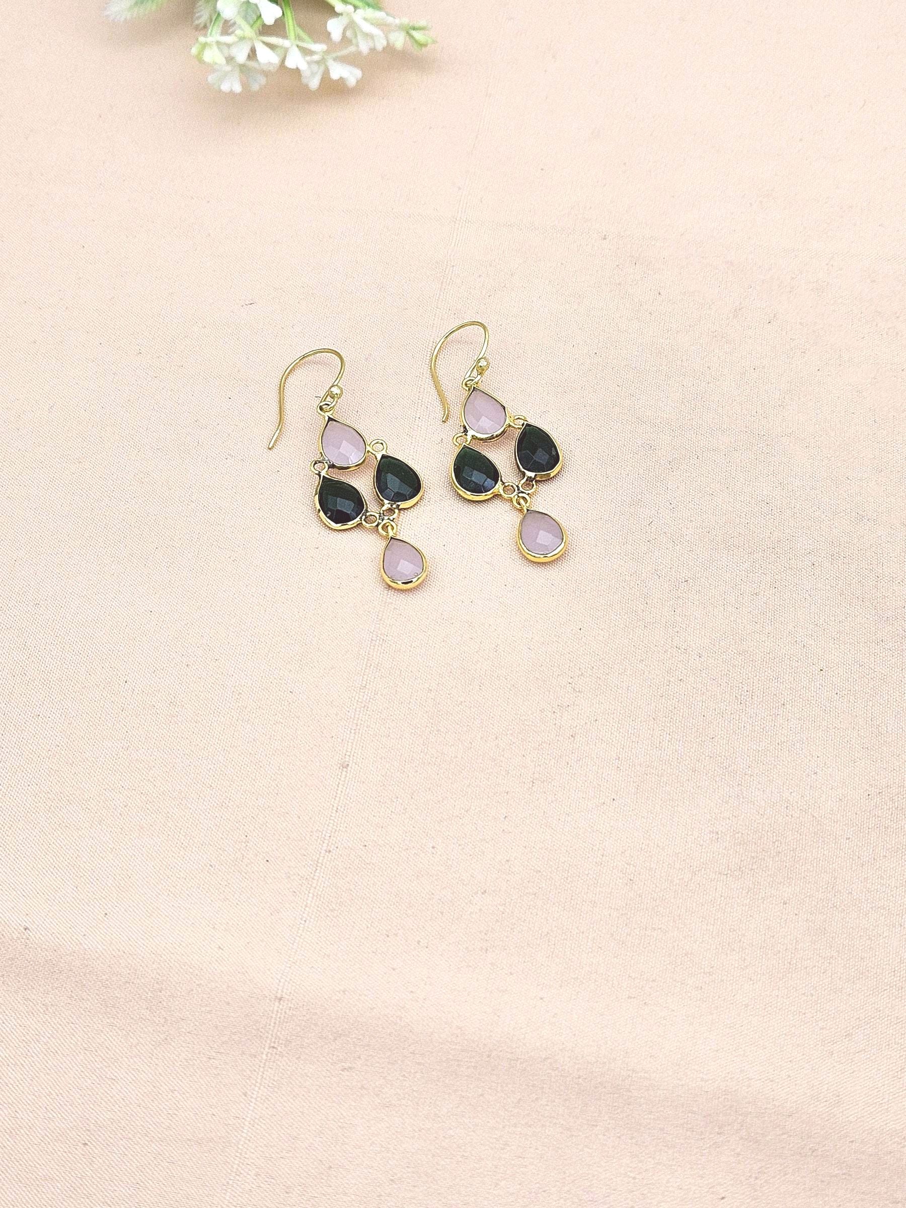 Fine Handcrafted Gold plated Rose Qtz-Green Onyx light weight Bezel Designer Dangle Drop Earrings