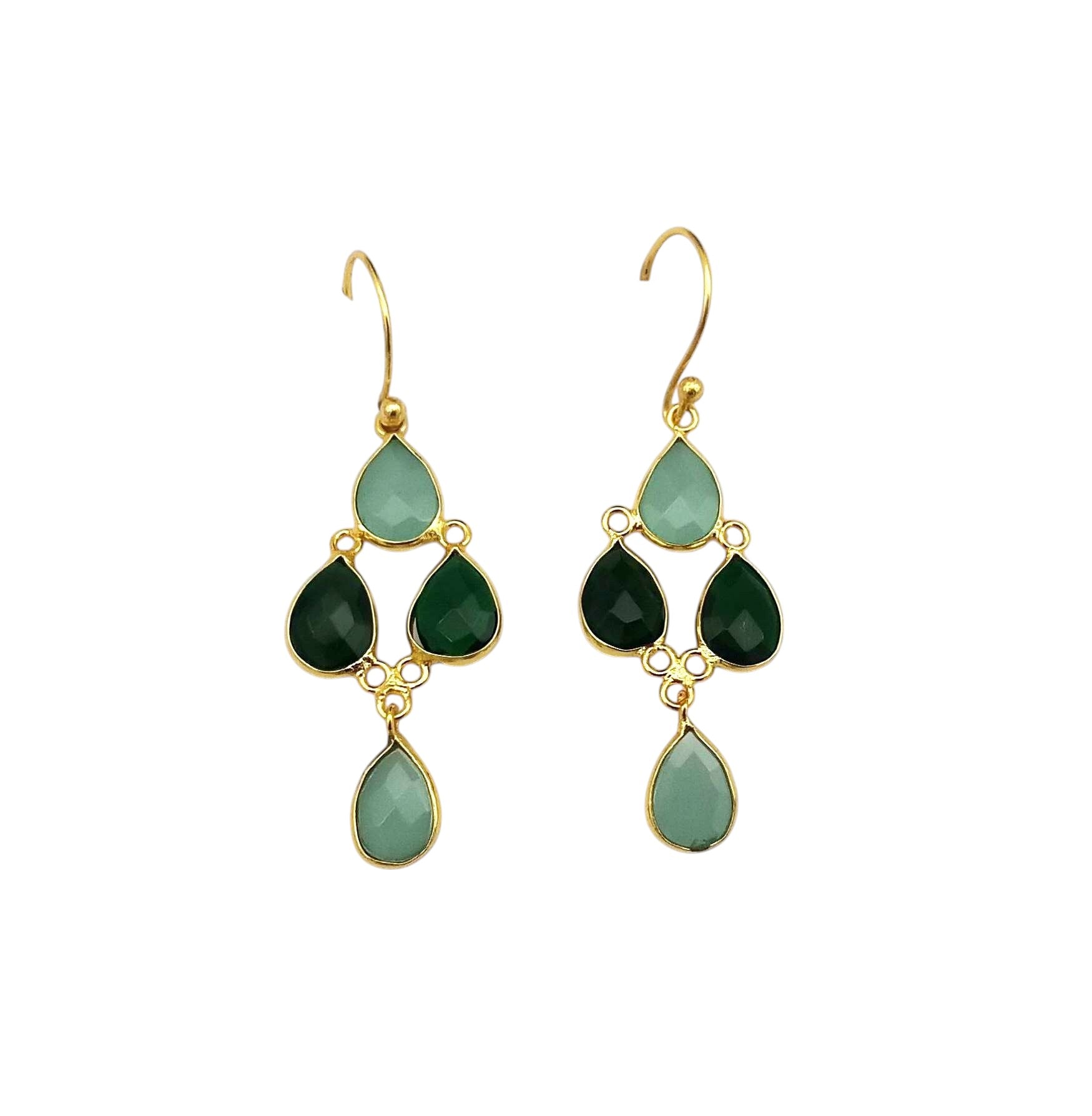 Fine Handcrafted Gold plated Aqua-Green Onyx light weight Bezel Designer Dangle Drop Earrings