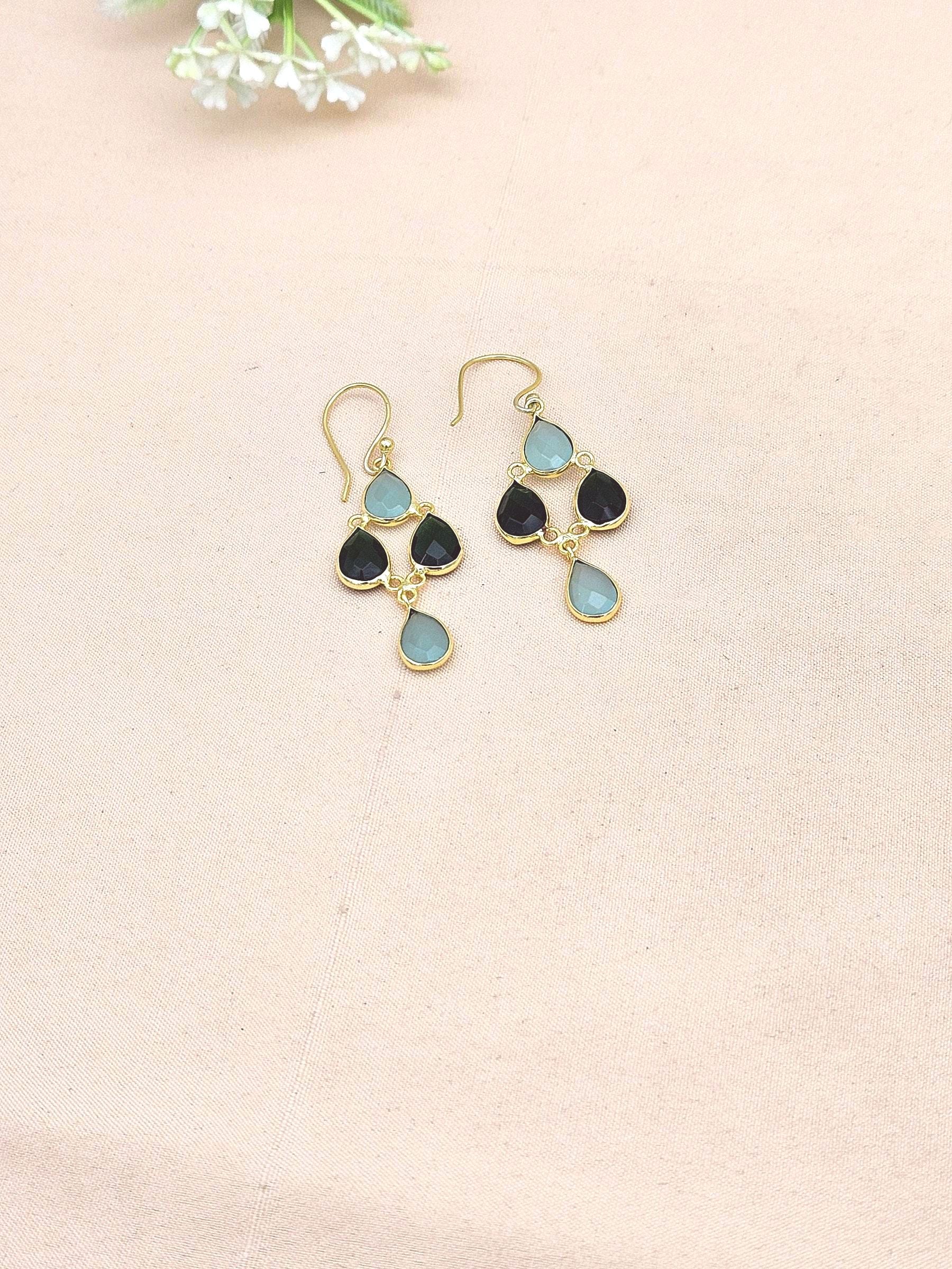 Fine Handcrafted Gold plated Aqua-Green Onyx light weight Bezel Designer Dangle Drop Earrings