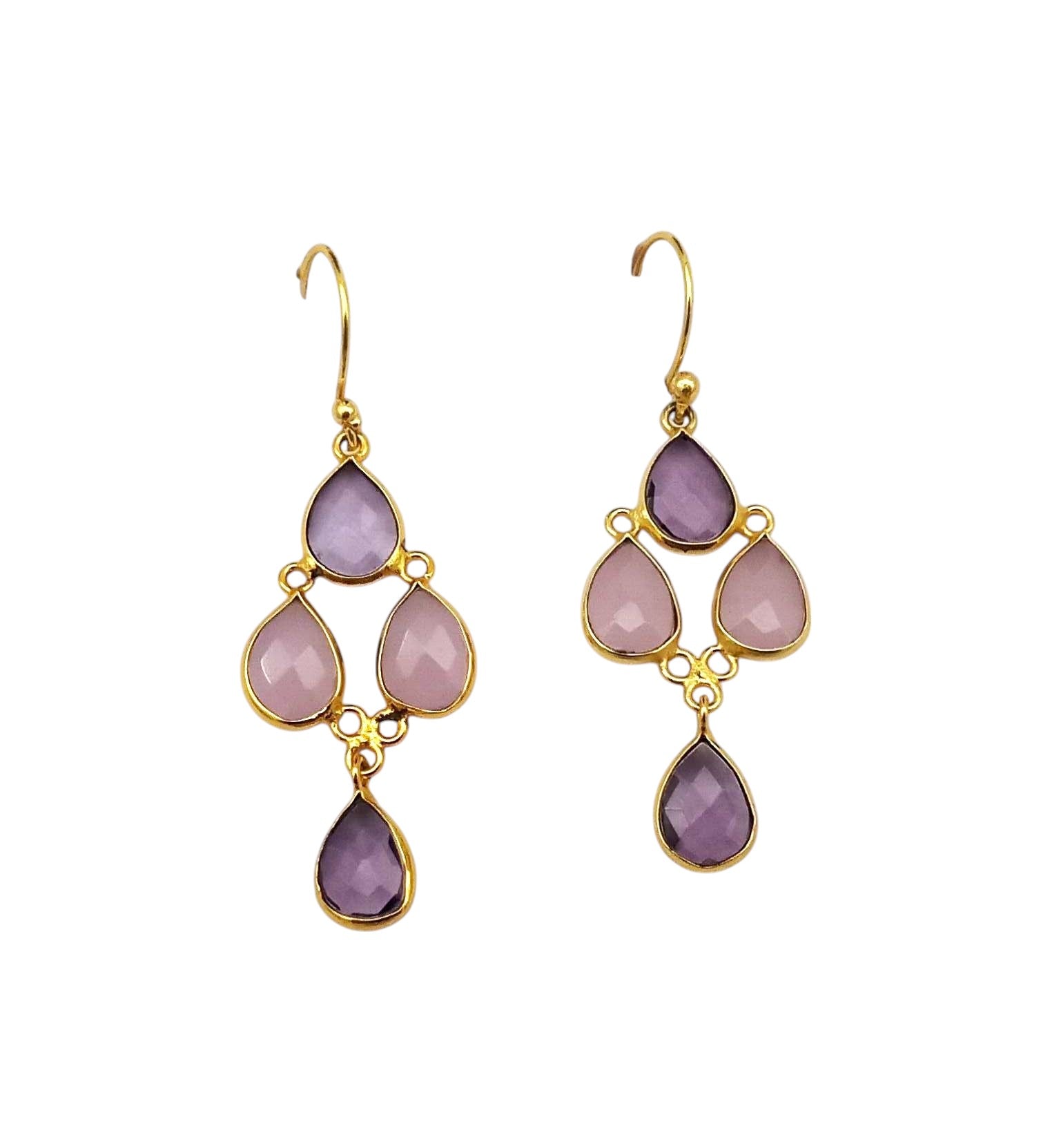 Fine Handcrafted Gold plated Amethyst-Rose Qtz light weight Bezel Designer Dangle Drop Earrings
