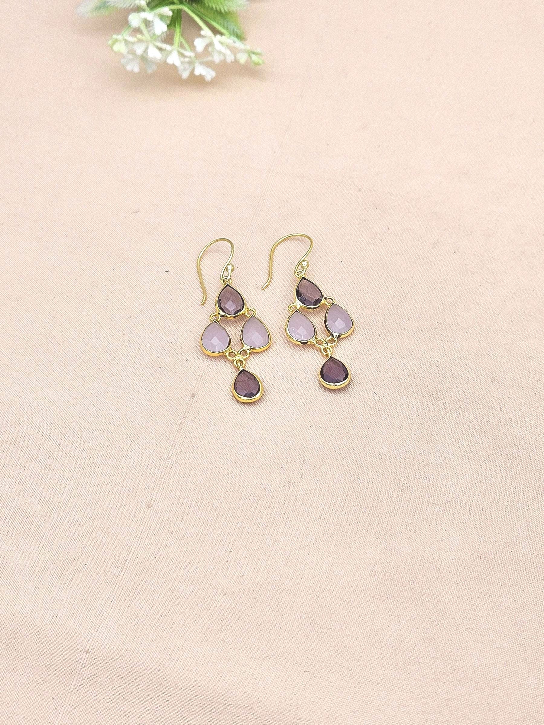 Fine Handcrafted Gold plated Amethyst-Rose Qtz light weight Bezel Designer Dangle Drop Earrings