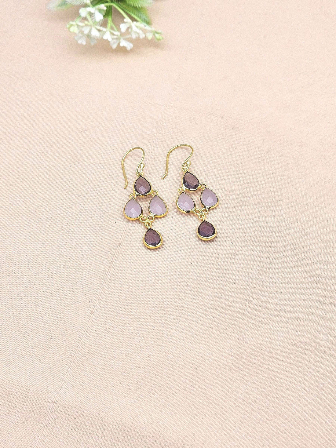 Fine Handcrafted Gold plated Amethyst-Rose Qtz light weight Bezel Designer Dangle Drop Earrings