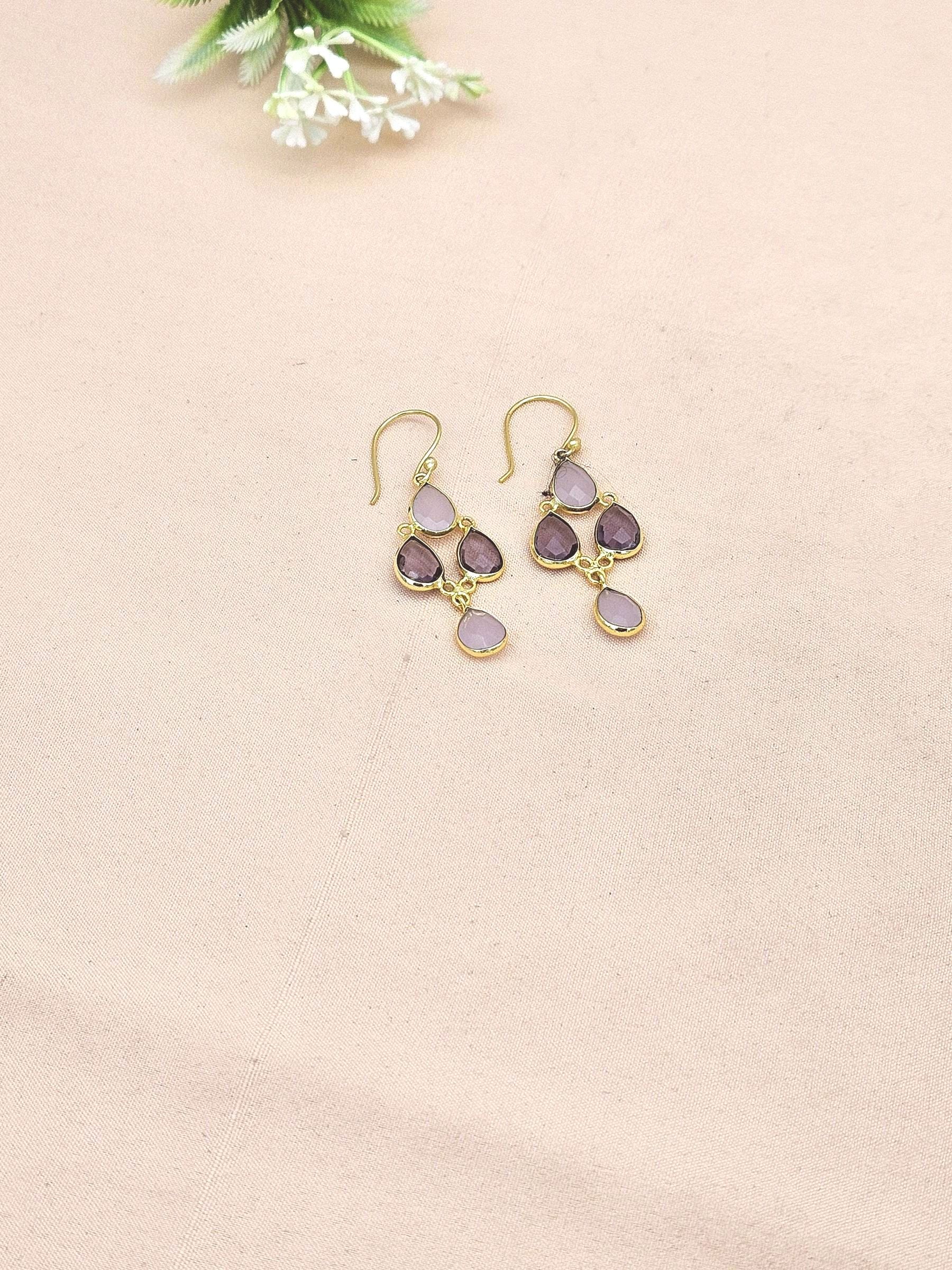 Fine Handcrafted Gold plated Rose Qtz-Amethyst light weight Bezel Designer Dangle Drop Earrings