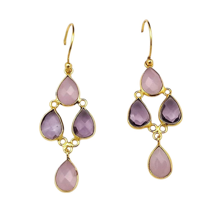 Fine Handcrafted Gold plated Rose Qtz-Amethyst light weight Bezel Designer Dangle Drop Earrings