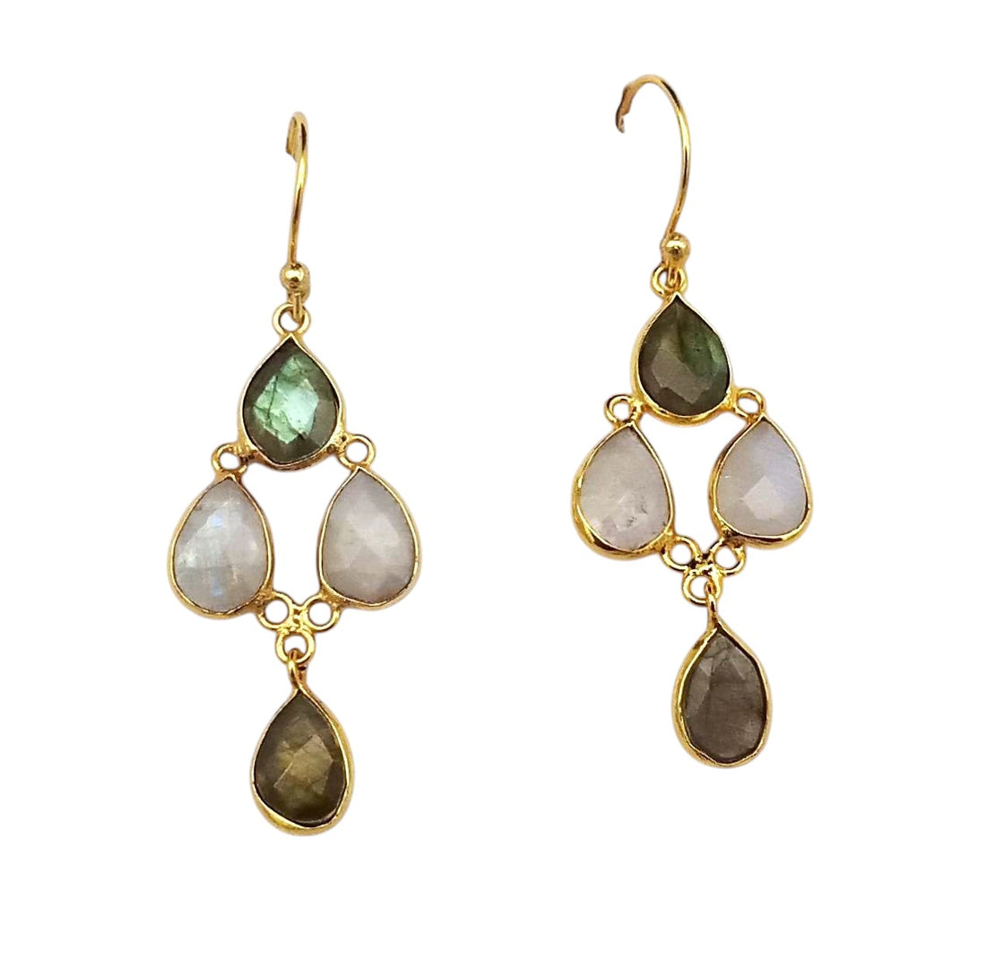 Fine Handcrafted Gold plated Labradorite-White Rainbow light weight Bezel Designer Dangle Drop Earrings