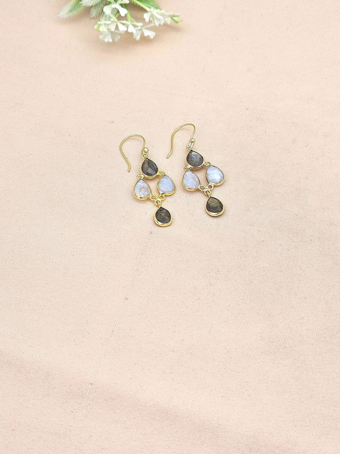 Fine Handcrafted Gold plated Labradorite-White Rainbow light weight Bezel Designer Dangle Drop Earrings