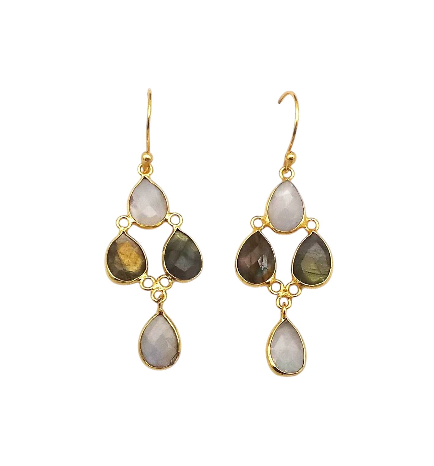 Fine Handcrafted Gold plated White Rainbow-Labradorite light weight Bezel Designer Dangle Drop Earrings