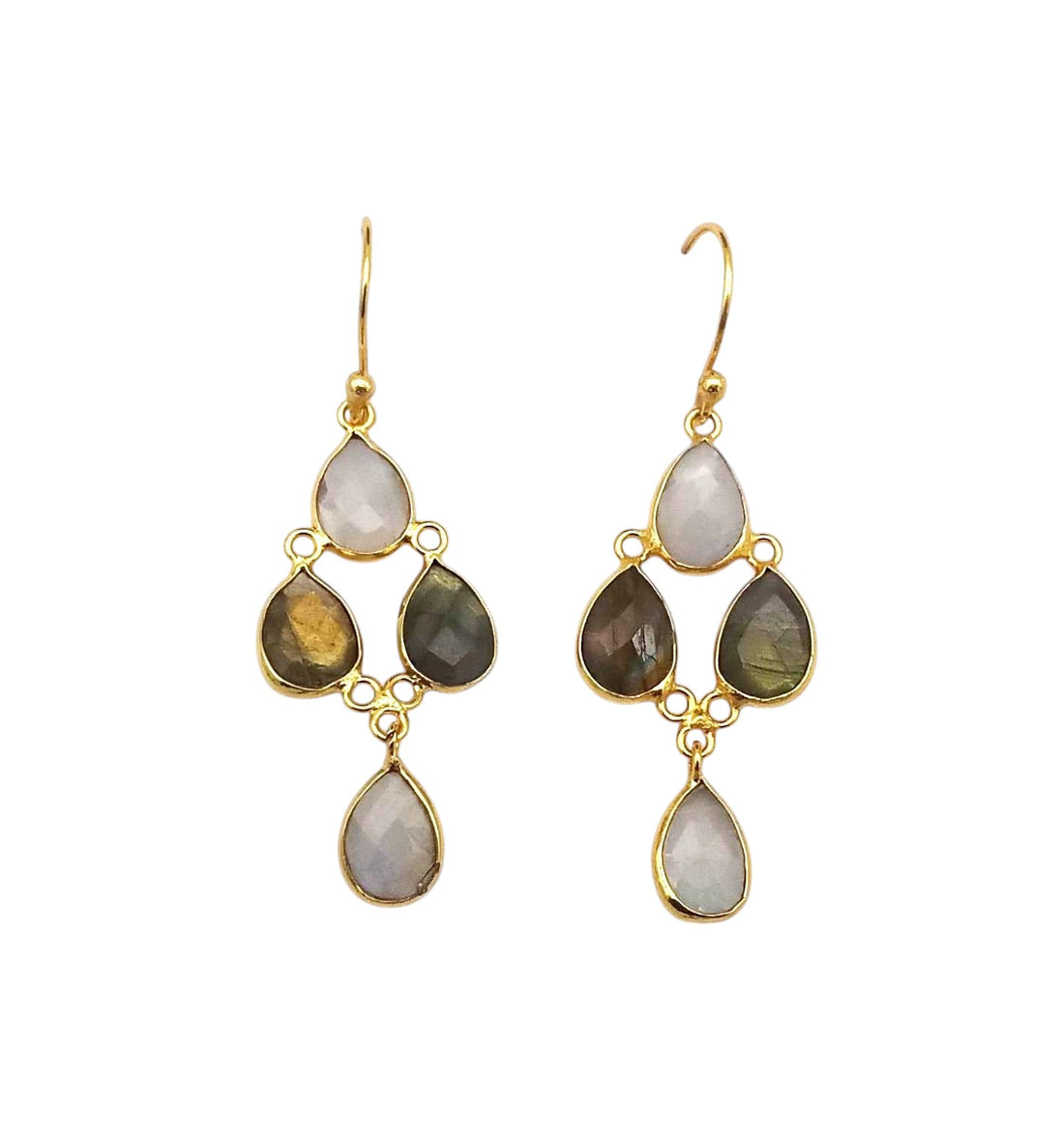 Fine Handcrafted Gold plated White Rainbow-Labradorite light weight Bezel Designer Dangle Drop Earrings