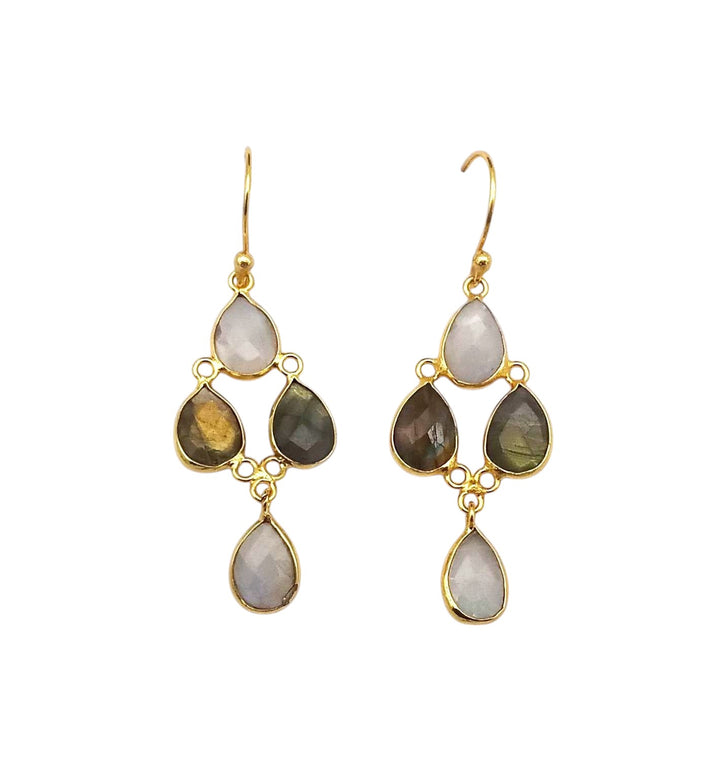Fine Handcrafted Gold plated White Rainbow-Labradorite light weight Bezel Designer Dangle Drop Earrings