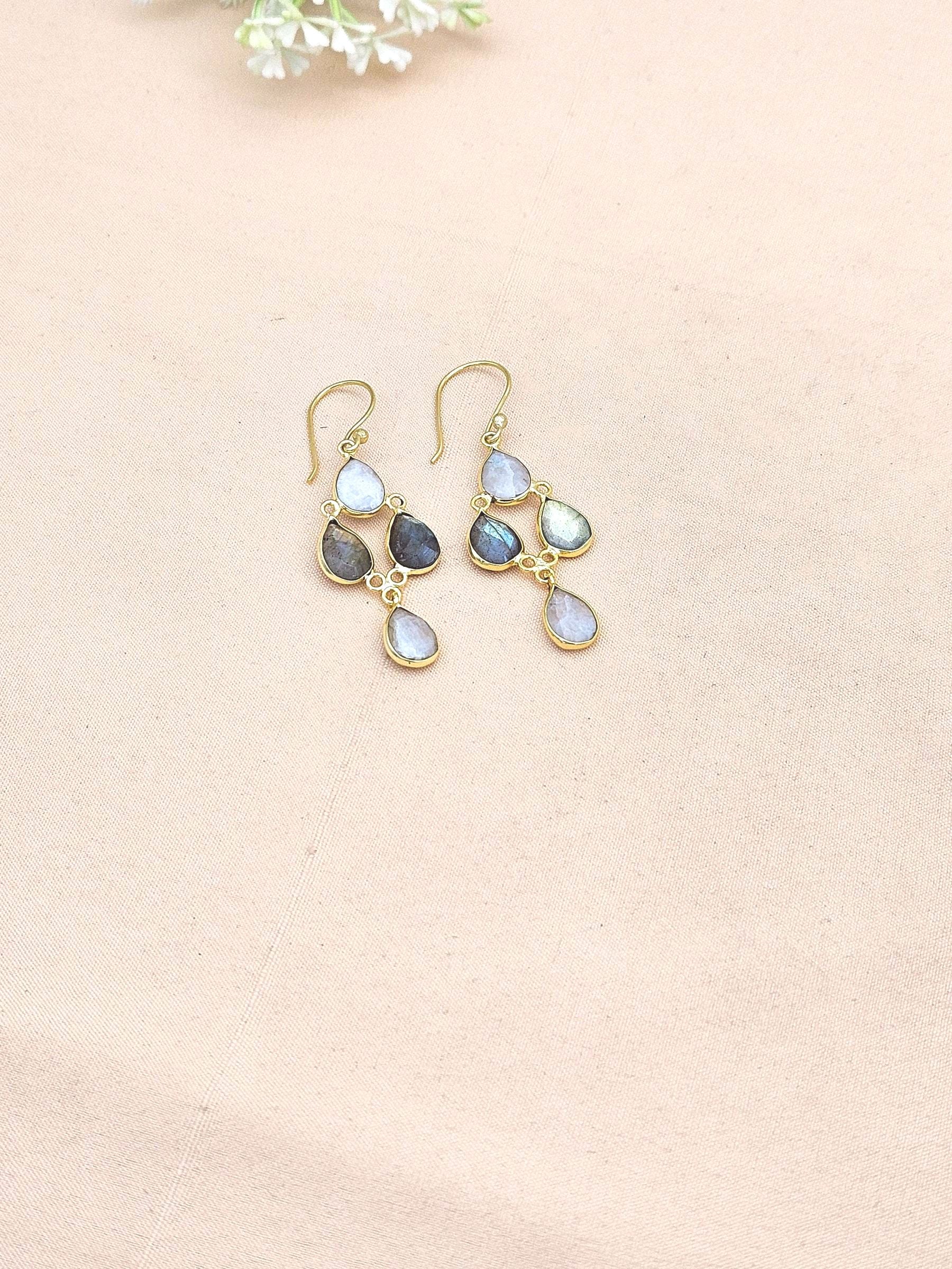 Fine Handcrafted Gold plated White Rainbow-Labradorite light weight Bezel Designer Dangle Drop Earrings