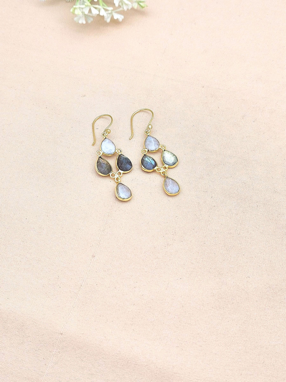 Fine Handcrafted Gold plated White Rainbow-Labradorite light weight Bezel Designer Dangle Drop Earrings