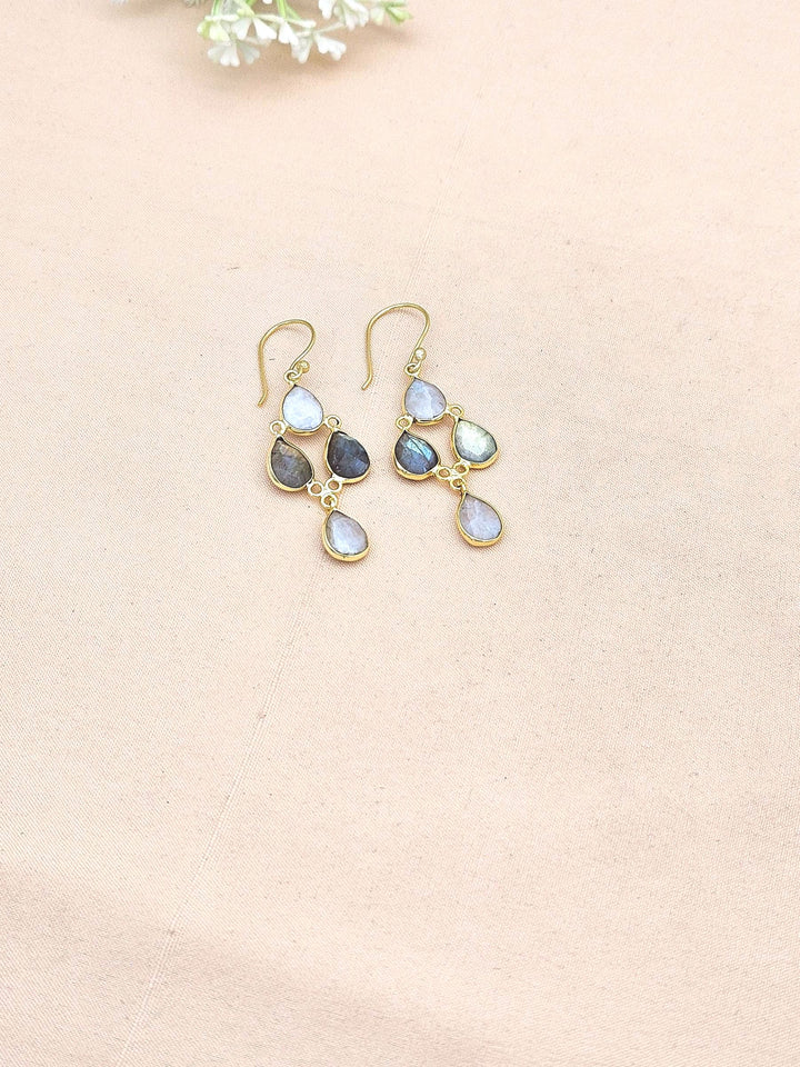 Fine Handcrafted Gold plated White Rainbow-Labradorite light weight Bezel Designer Dangle Drop Earrings