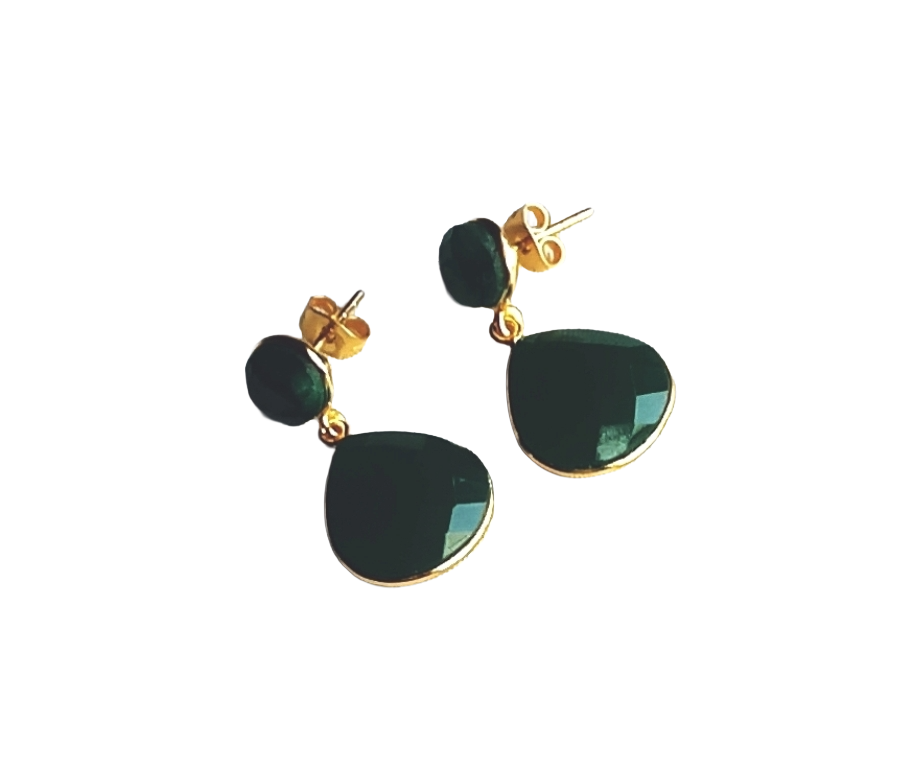 Fine Handcrafted Gold plated Green Onyx-Green Hathipara light weight Bezel Designer Dangle Drop Earrings