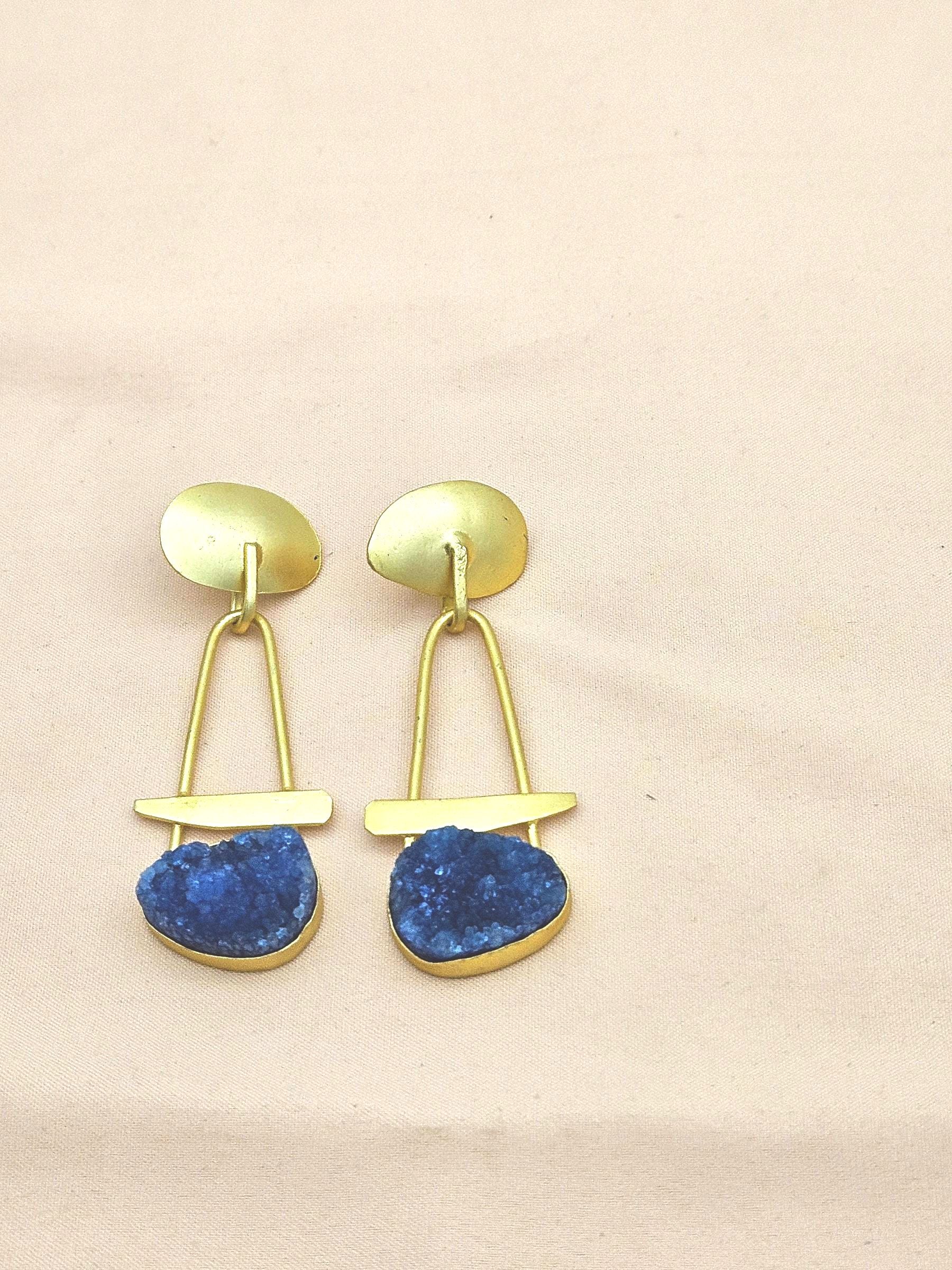Awesome Golden Blue Duzy Beautiful Designer Stone Dangle Drop Earrings