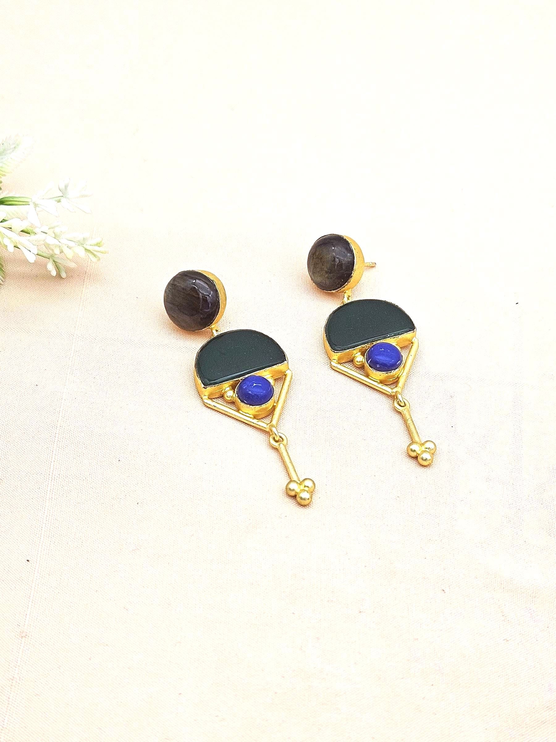 Charming Gold plated Labradorite-Green Onyx-Lapis Stone Cute Designer Dangle Drop Earrings