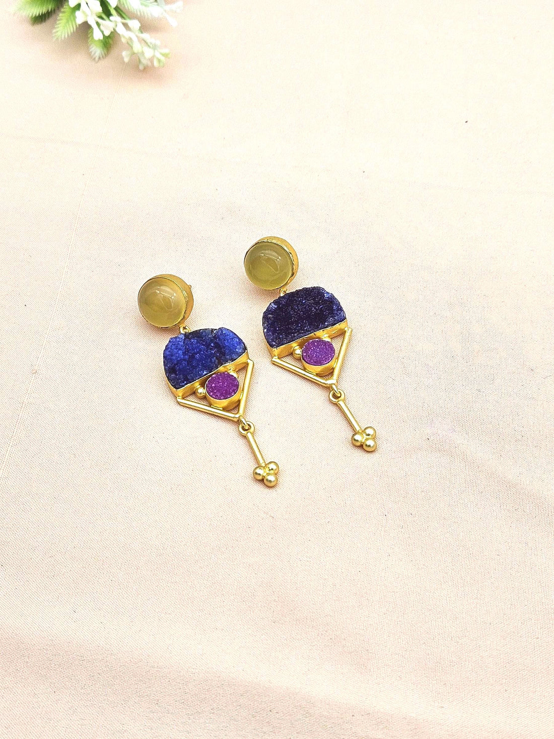 Charming Gold plated Yellow Chalcedony-Druzy Stone Cute Designer Dangle Drop Earrings