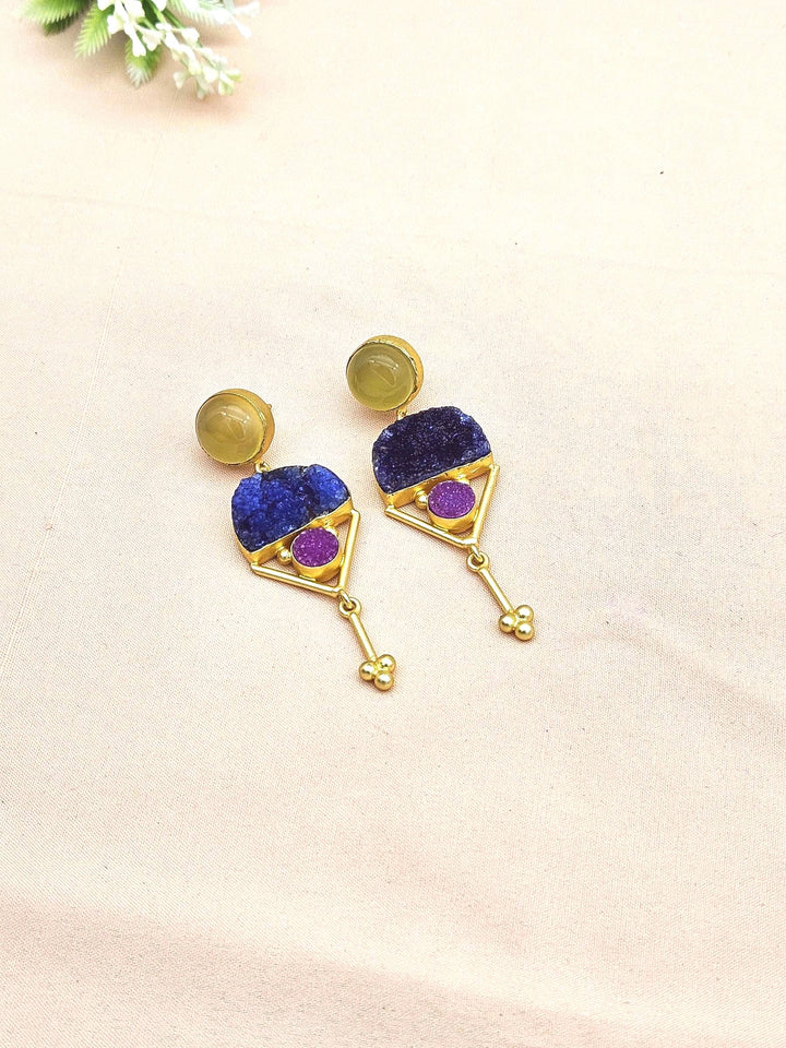 Charming Gold plated Yellow Chalcedony-Druzy Stone Cute Designer Dangle Drop Earrings