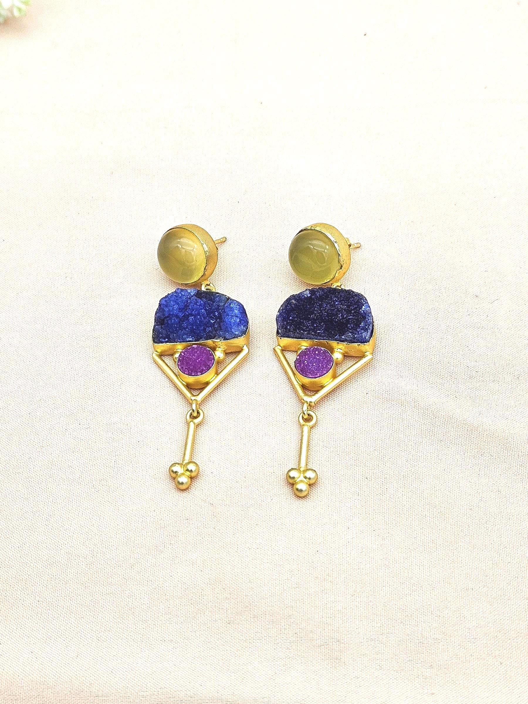 Charming Gold plated Yellow Chalcedony-Druzy Stone Cute Designer Dangle Drop Earrings