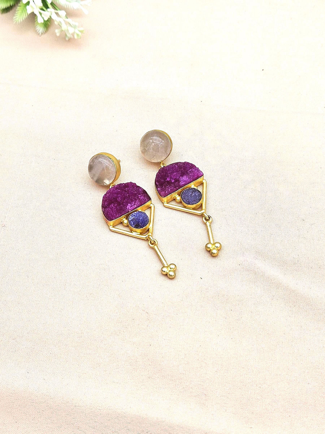 Charming Gold plated Rose Quartz-Druzy Stone Cute Designer Dangle Drop Earrings