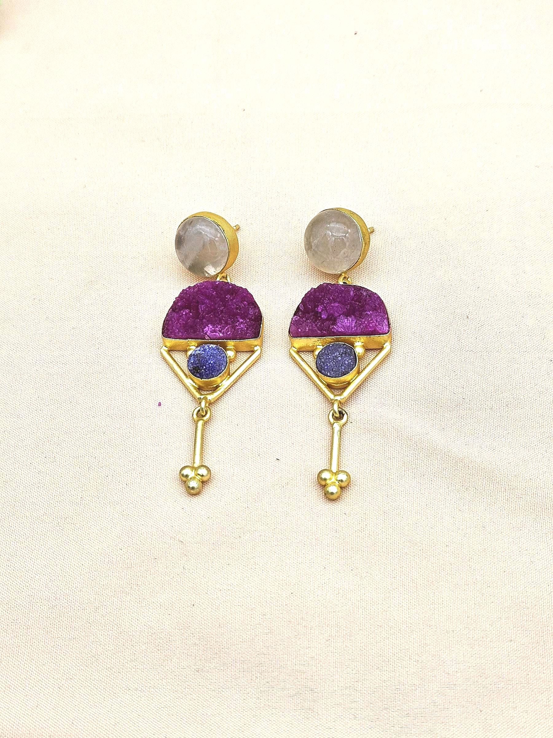 Charming Gold plated Rose Quartz-Druzy Stone Cute Designer Dangle Drop Earrings