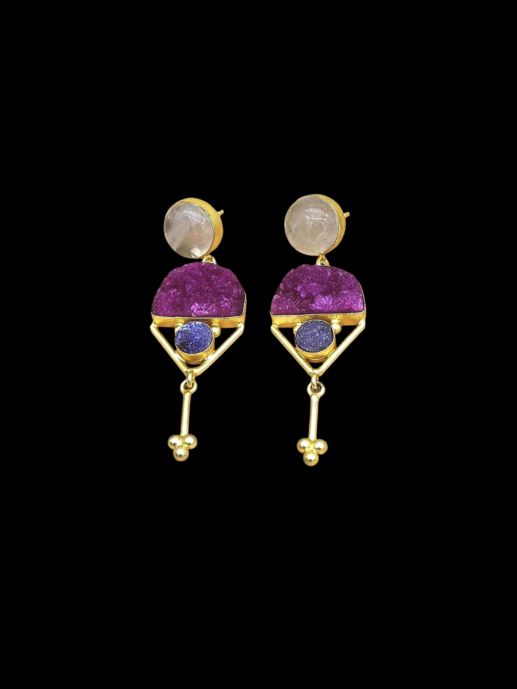 Charming Gold plated Rose Quartz-Druzy Stone Cute Designer Dangle Drop Earrings