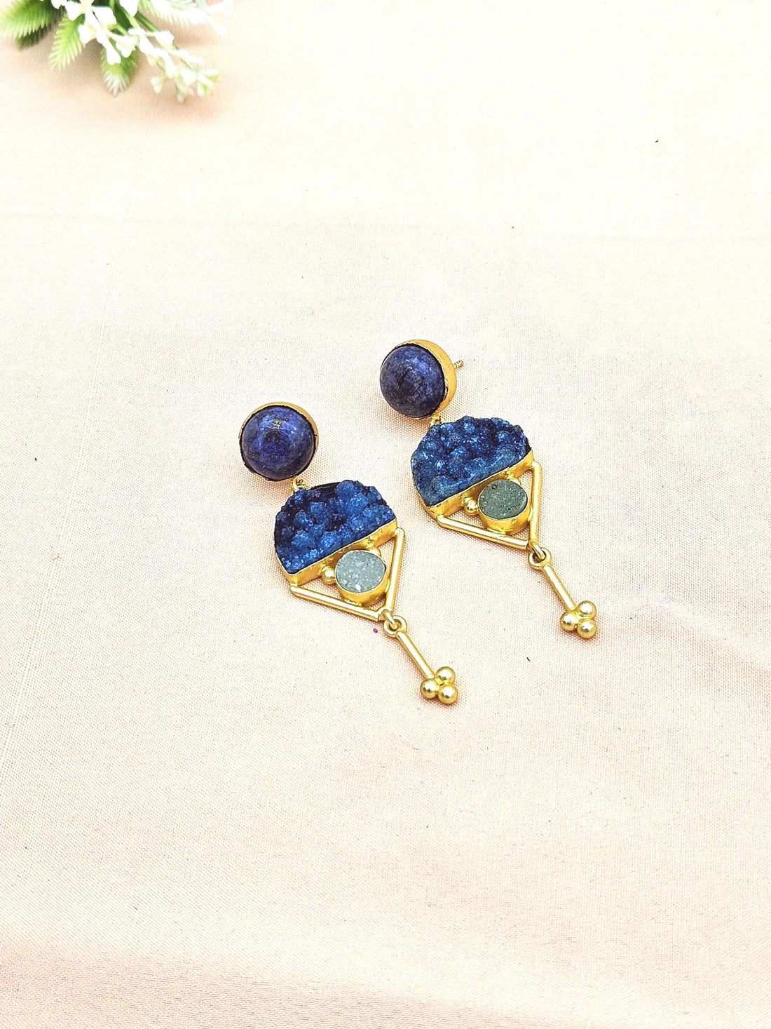 Charming Gold plated Lapis-Druzy Stone Cute Designer Dangle Drop Earrings