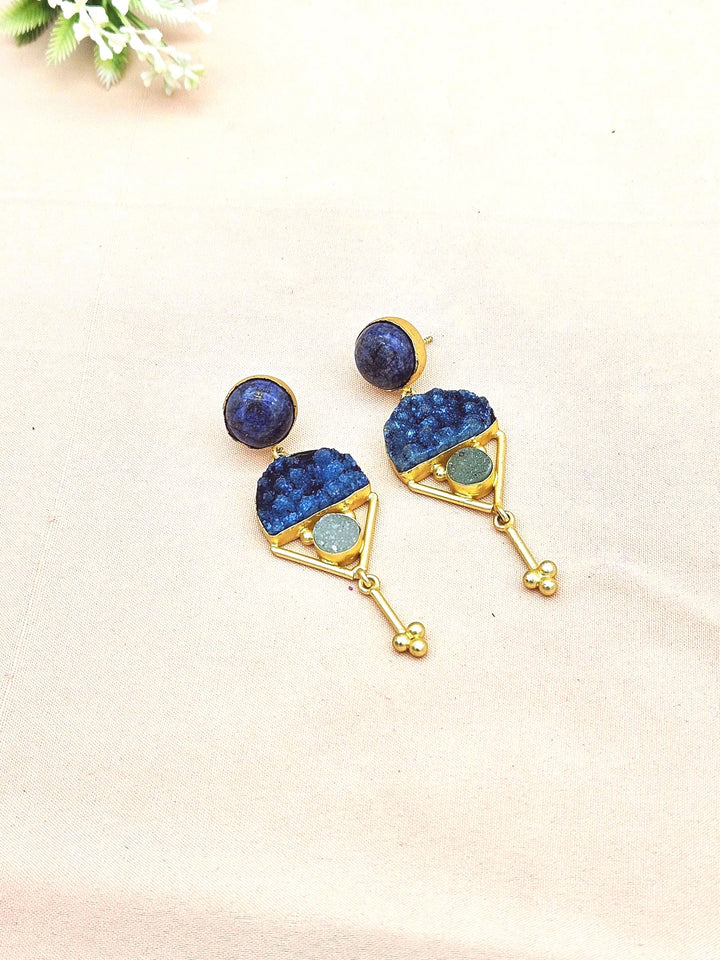 Charming Gold plated Lapis-Druzy Stone Cute Designer Dangle Drop Earrings