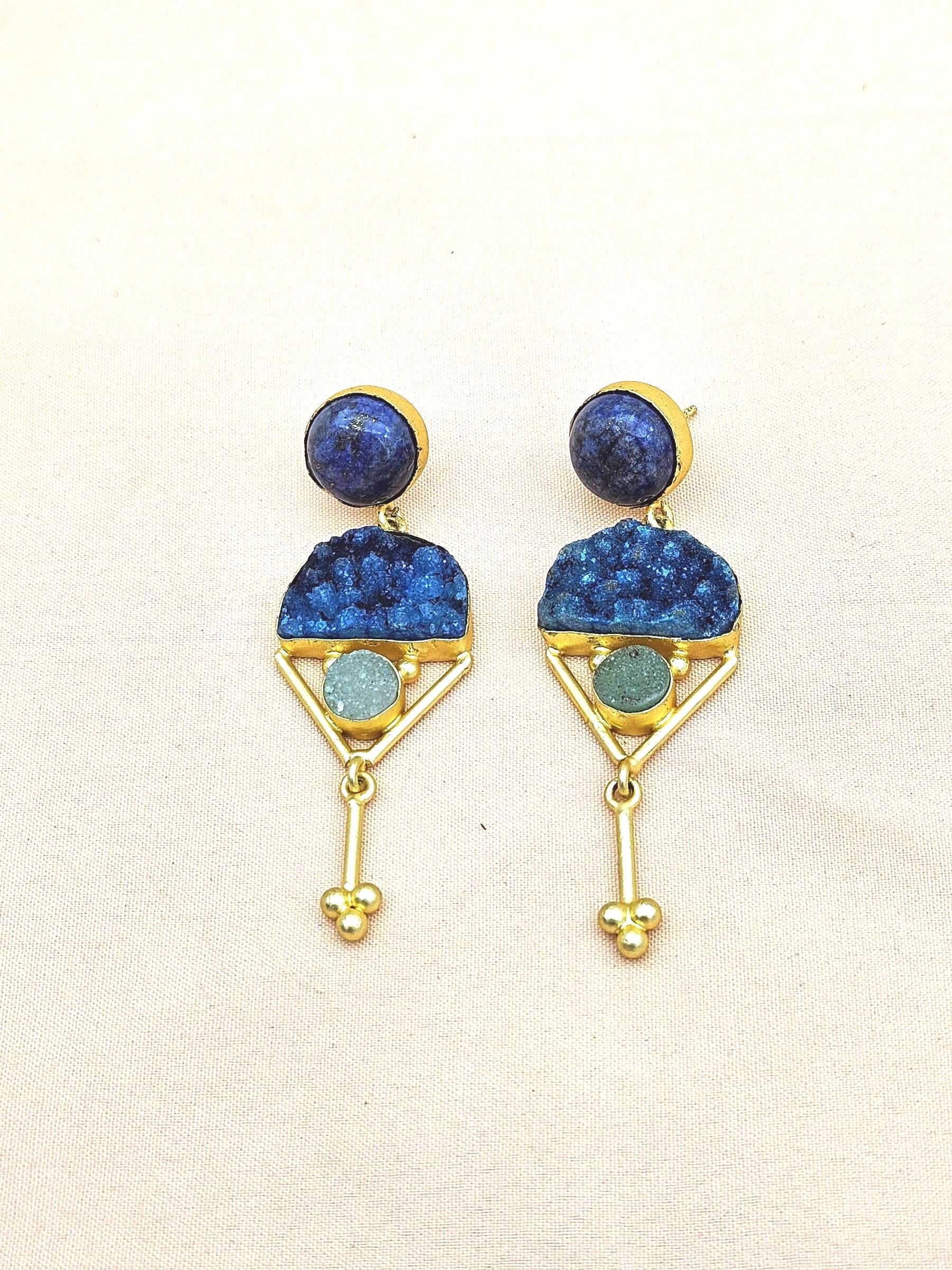 Charming Gold plated Lapis-Druzy Stone Cute Designer Dangle Drop Earrings