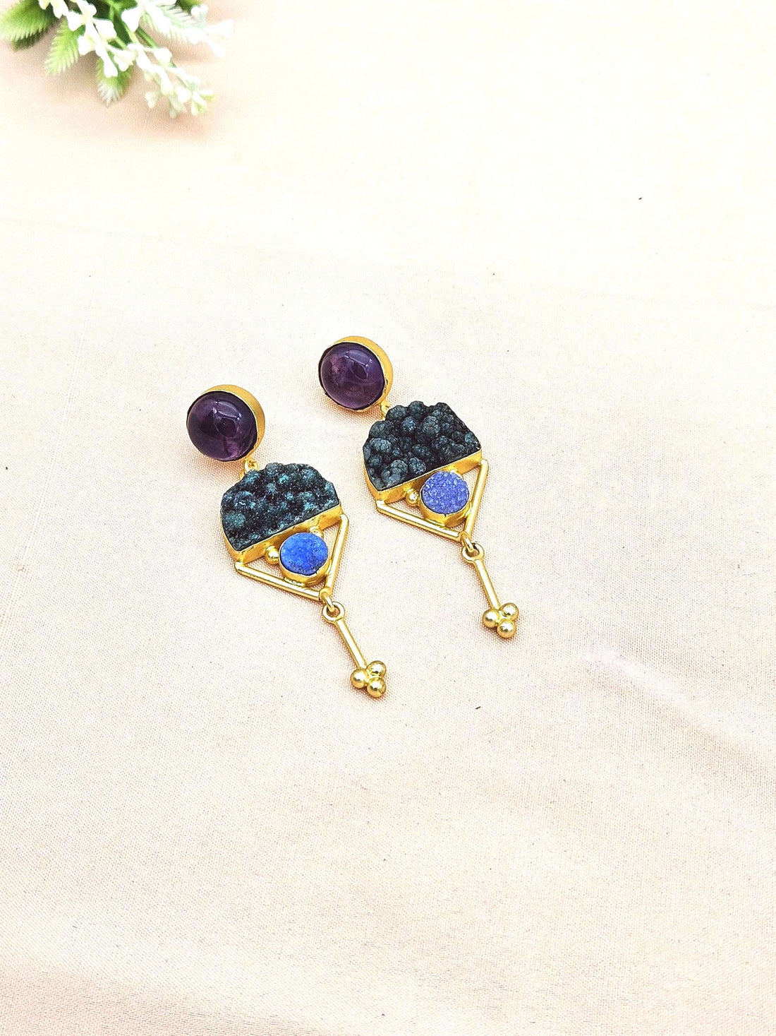 Charming Gold plated Amethyst-Druzy Stone Cute Designer Dangle Drop Earrings