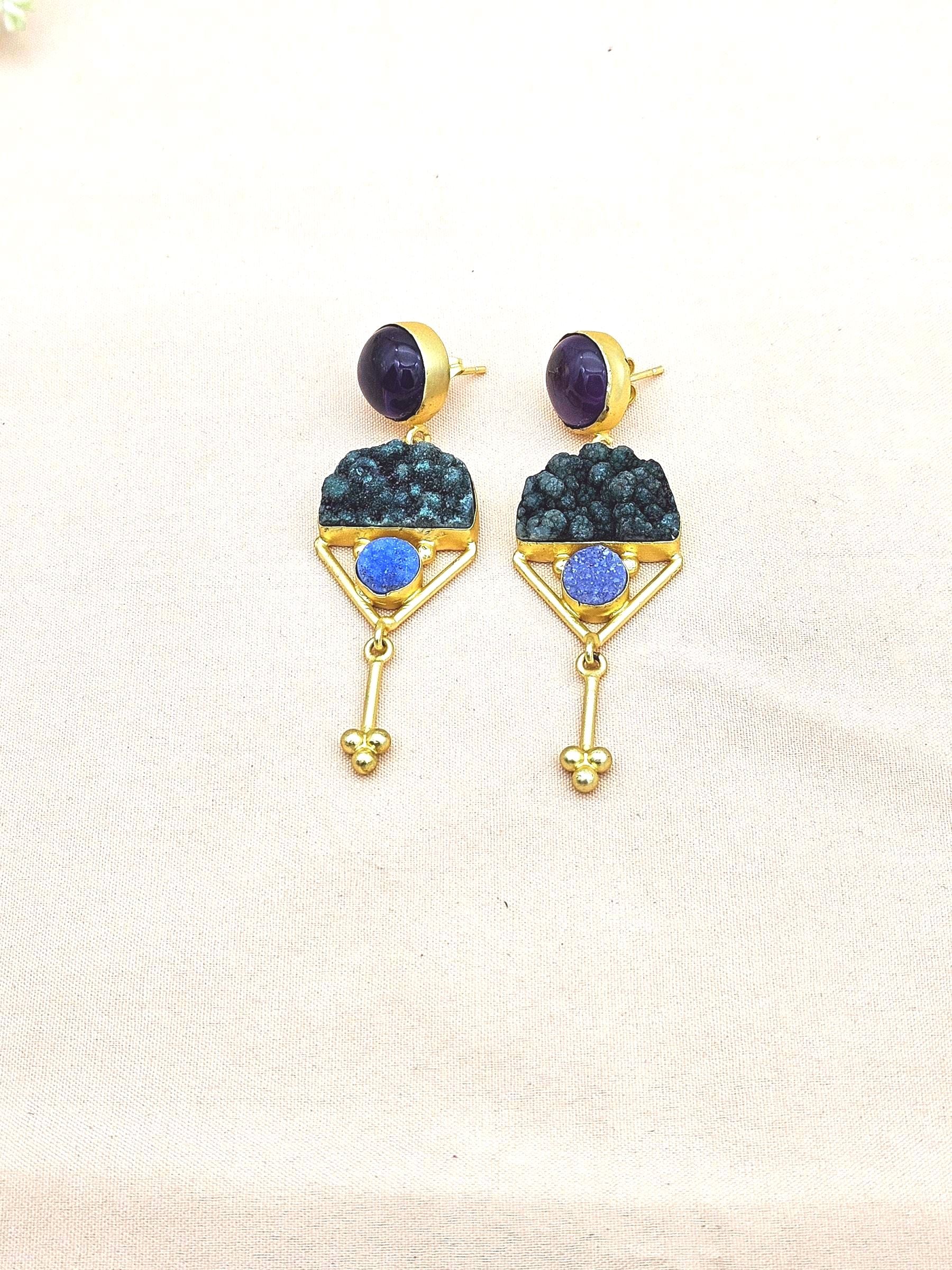 Charming Gold plated Amethyst-Druzy Stone Cute Designer Dangle Drop Earrings