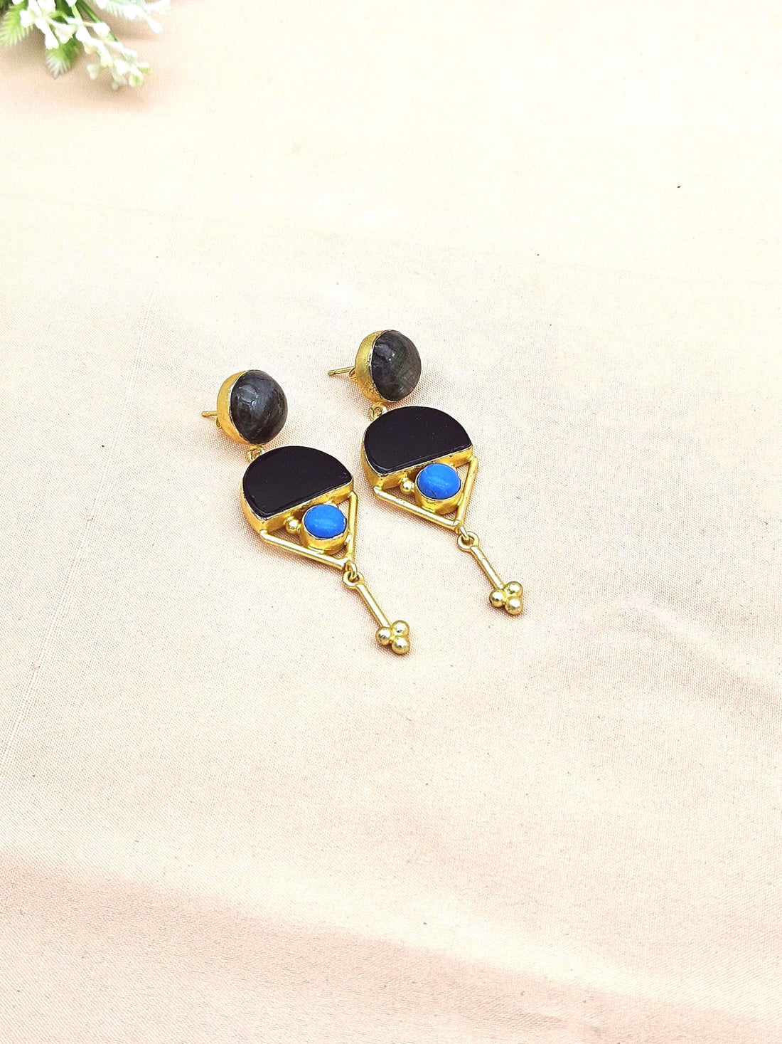 Charming Gold plated Labradorite-Black Onyx-Turquoise Stone Cute Designer Dangle Drop Earrings