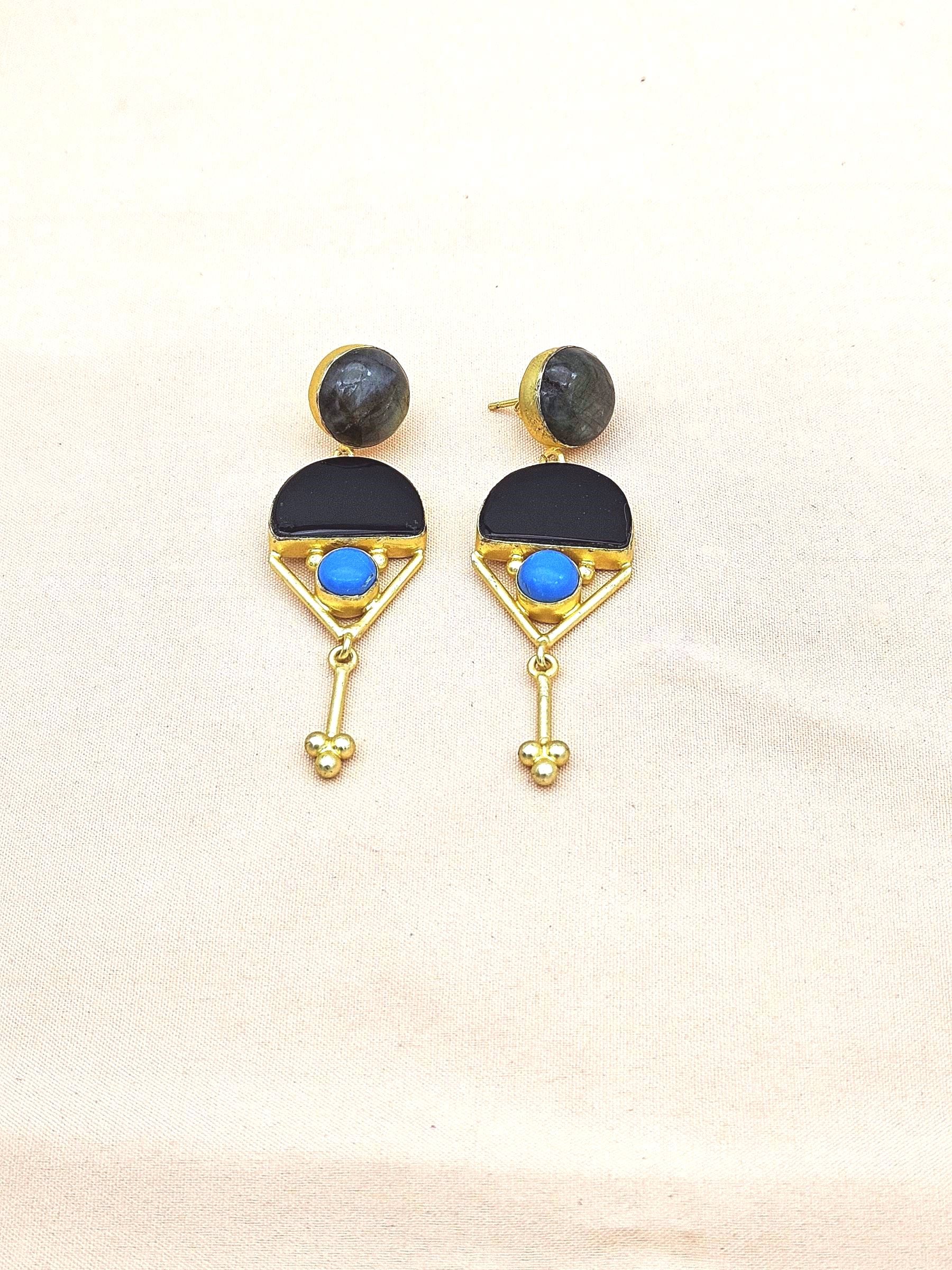 Charming Gold plated Labradorite-Black Onyx-Turquoise Stone Cute Designer Dangle Drop Earrings