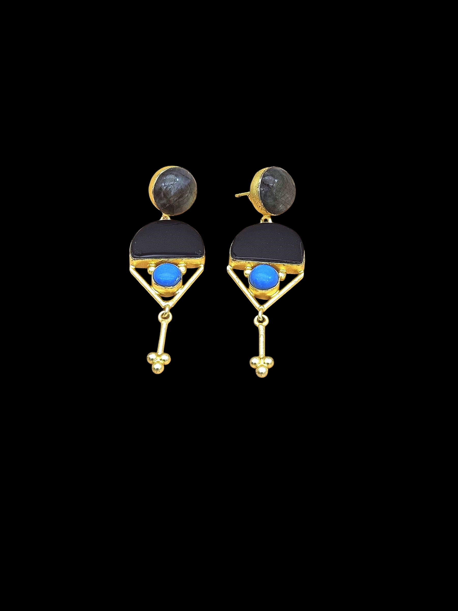 Charming Gold plated Labradorite-Black Onyx-Turquoise Stone Cute Designer Dangle Drop Earrings