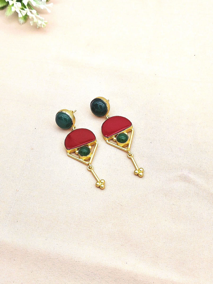 Charming Gold plated Green Onyx-Red Glass Stone Cute Designer Dangle Drop Earrings