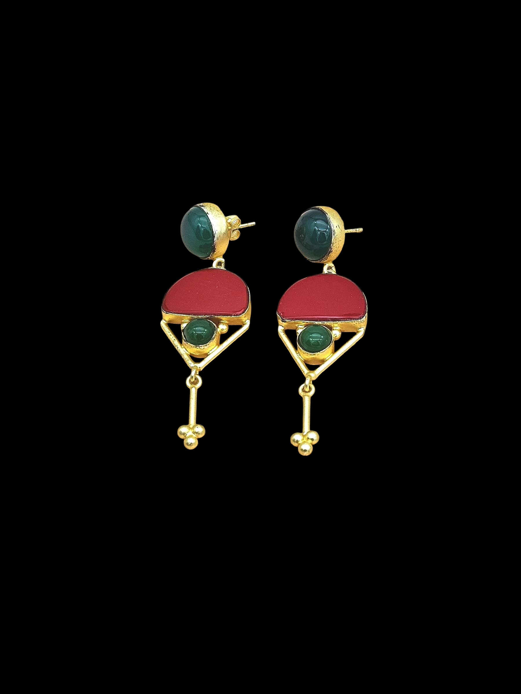 Charming Gold plated Green Onyx-Red Glass Stone Cute Designer Dangle Drop Earrings