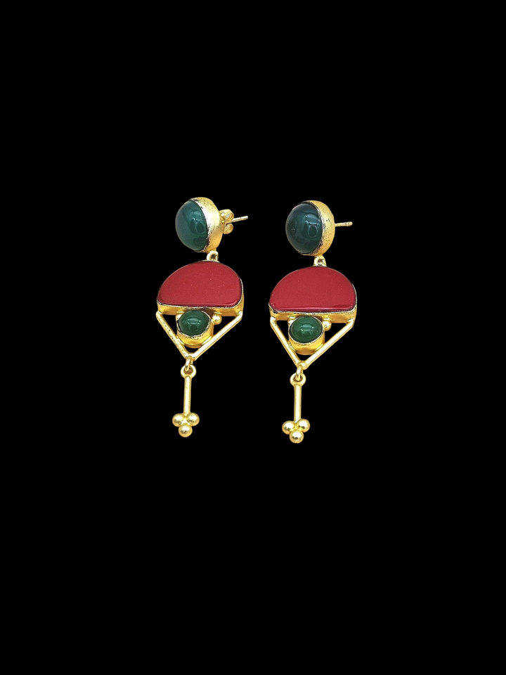 Charming Gold plated Green Onyx-Red Glass Stone Cute Designer Dangle Drop Earrings
