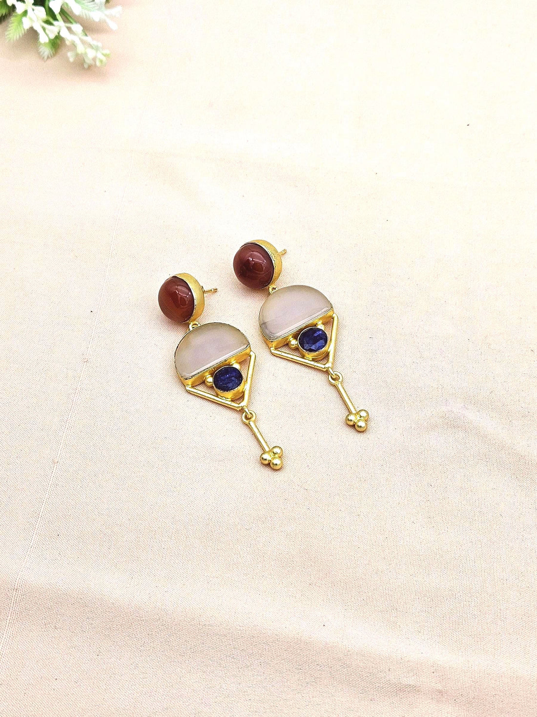 Charming Gold plated Rose Quartz-Carnelian-Blue Hathipara Glass Stone Cute Designer Dangle Drop Earrings