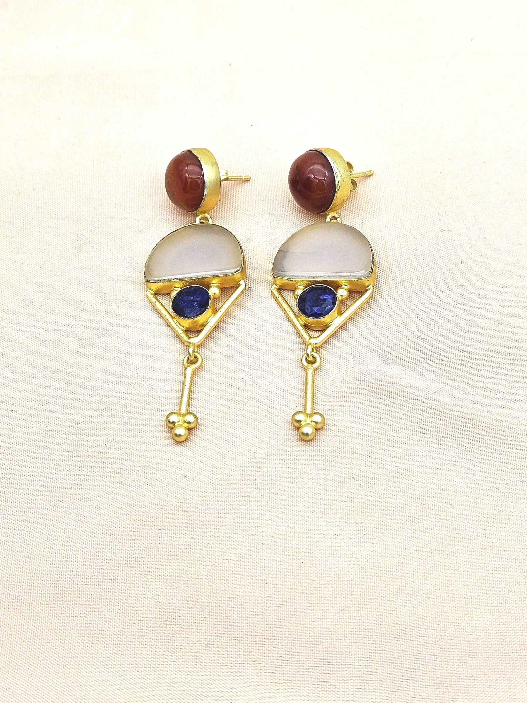 Charming Gold plated Rose Quartz-Carnelian-Blue Hathipara Glass Stone Cute Designer Dangle Drop Earrings