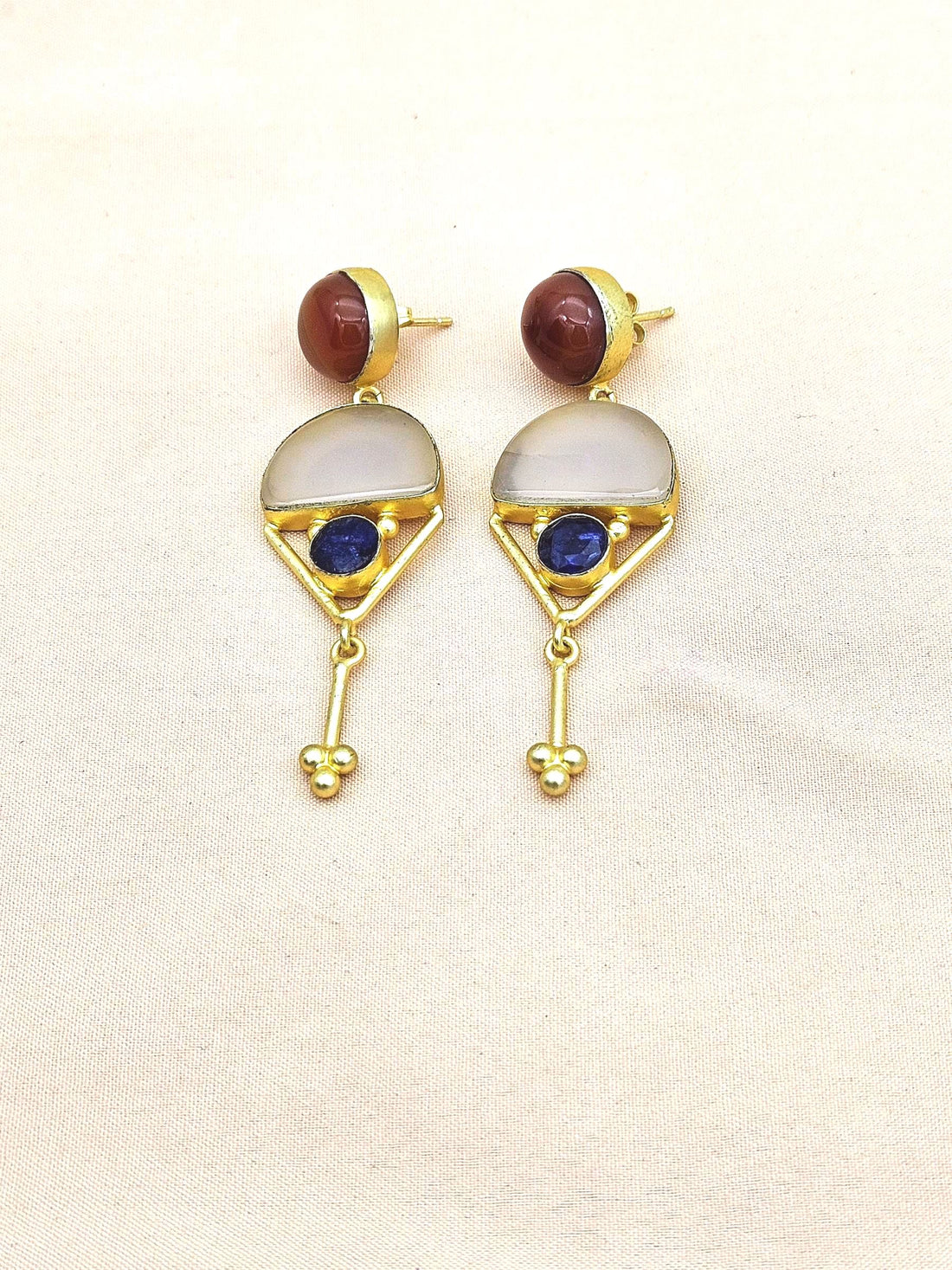Charming Gold plated Rose Quartz-Carnelian-Blue Hathipara Glass Stone Cute Designer Dangle Drop Earrings