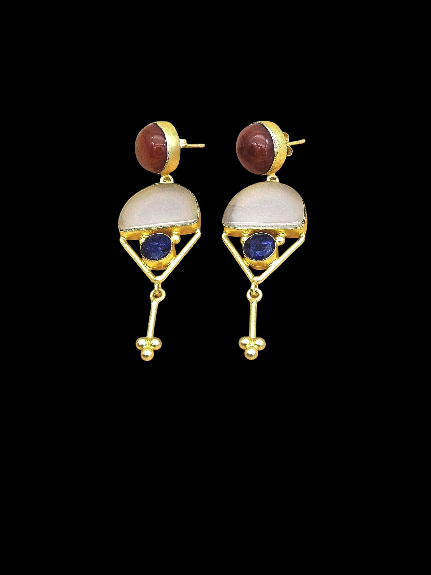 Charming Gold plated Rose Quartz-Carnelian-Blue Hathipara Glass Stone Cute Designer Dangle Drop Earrings
