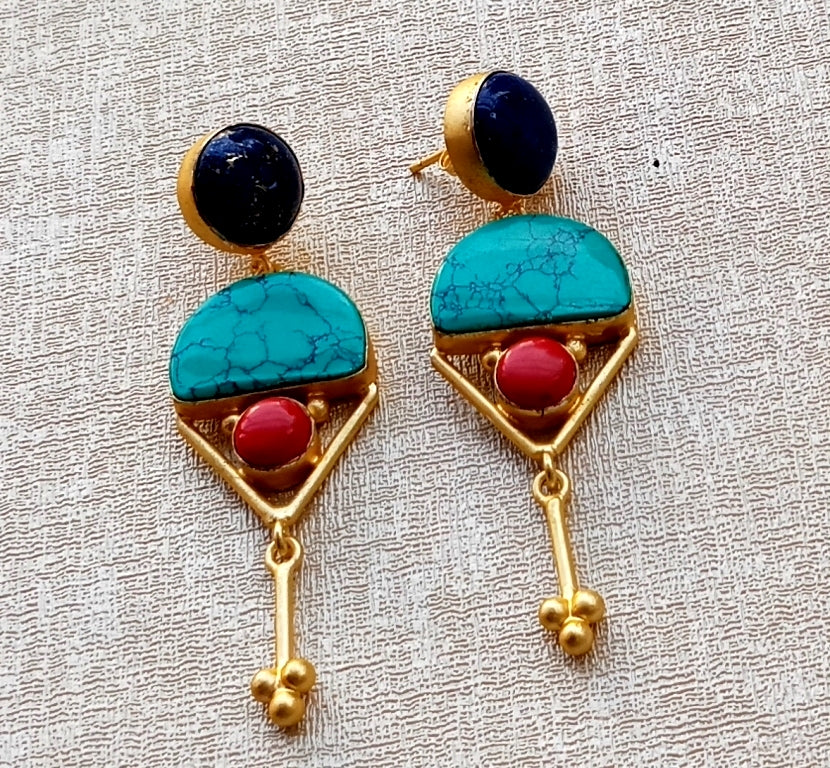 Charming Gold plated Lapis-Turquoise-Red Glass Stone Cute Designer Dangle Drop Earrings