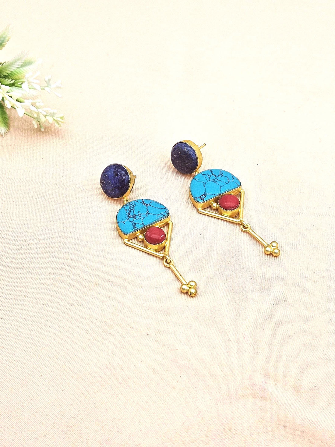 Charming Gold plated Lapis-Turquoise-Red Glass Stone Cute Designer Dangle Drop Earrings