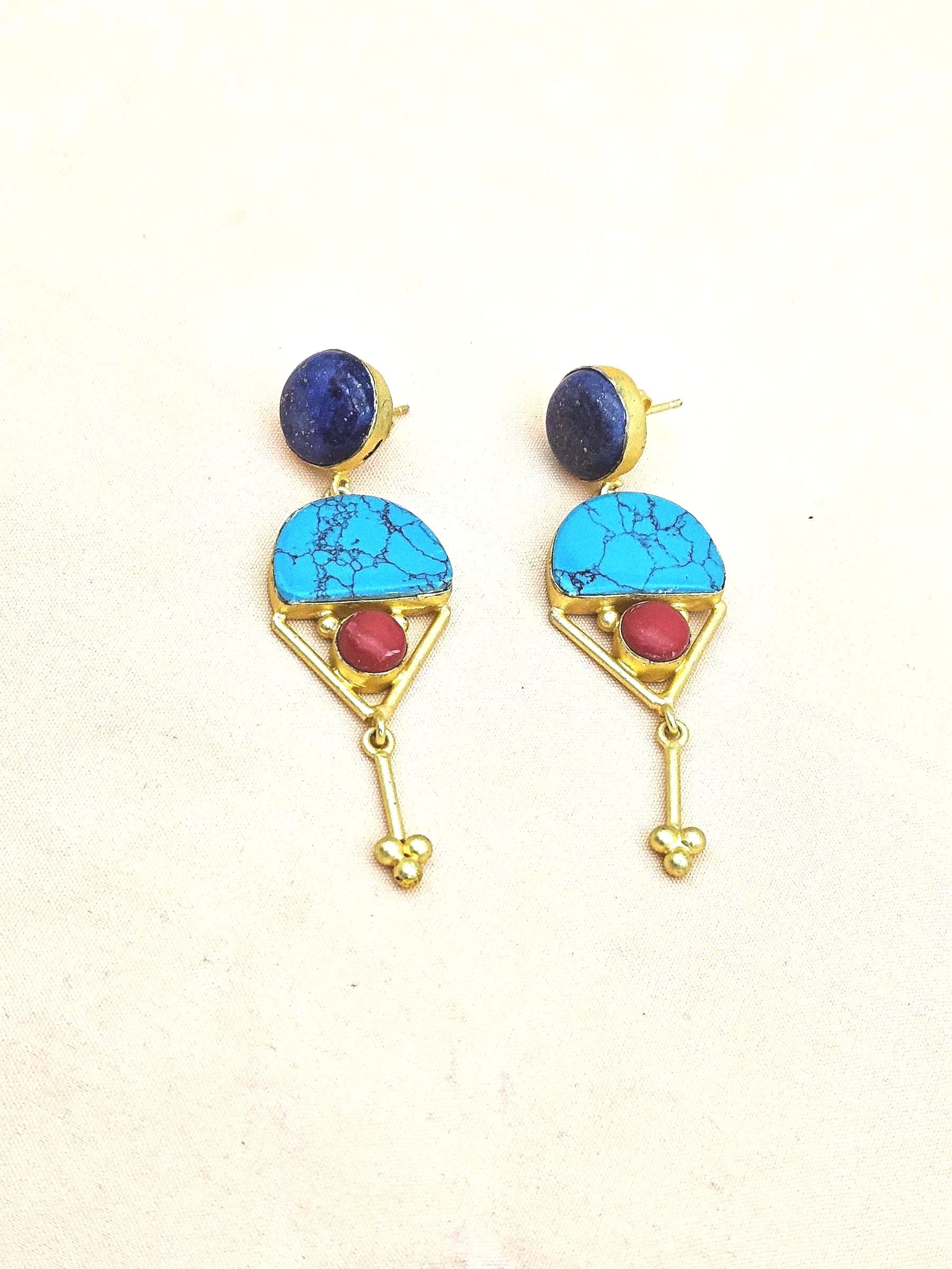 Charming Gold plated Lapis-Turquoise-Red Glass Stone Cute Designer Dangle Drop Earrings